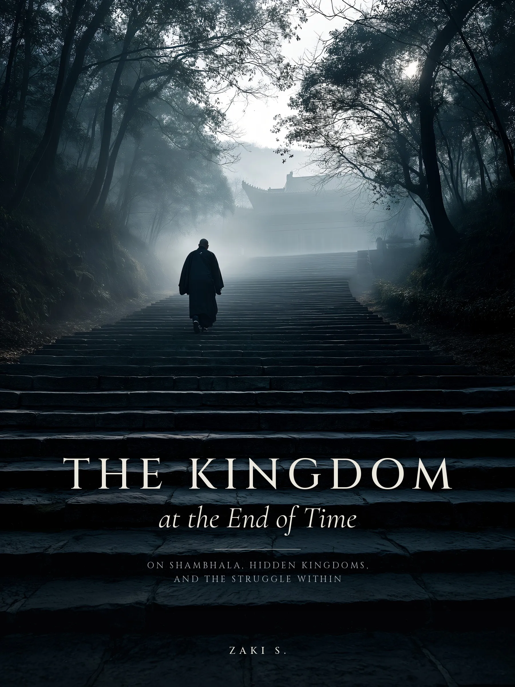A robed figure climbing a long flight of stone steps through misty forest toward a temple roof half lost in fog, set as a book cover: THE KINGDOM at the End of Time, on Shambhala, hidden kingdoms, and the struggle within, Zaki S.